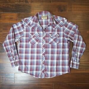 Wrangler Retro Men's XL Western Cut Shirt, Pearl Snaps Burgundy/Blue Plaid